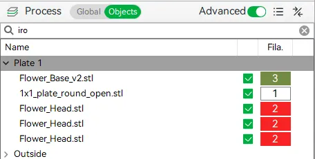 The Objects list in Bambu Studio showing five parts with a Fila. column assigning filaments 1, 2 and 3