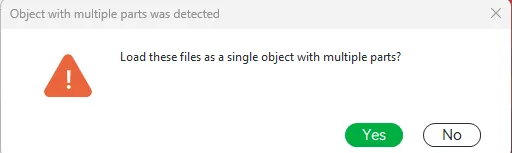 A Bambu Studio dialog reading "Load these files as a single object with multiple parts?" with Yes and No buttons