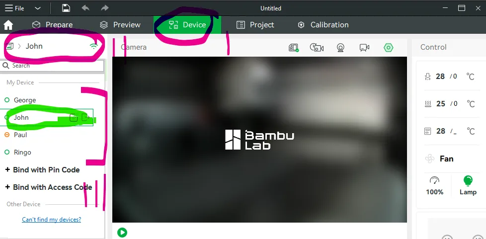 Bambu Studio's Device tab with the printer list open, listing George, John, Paul and Ringo