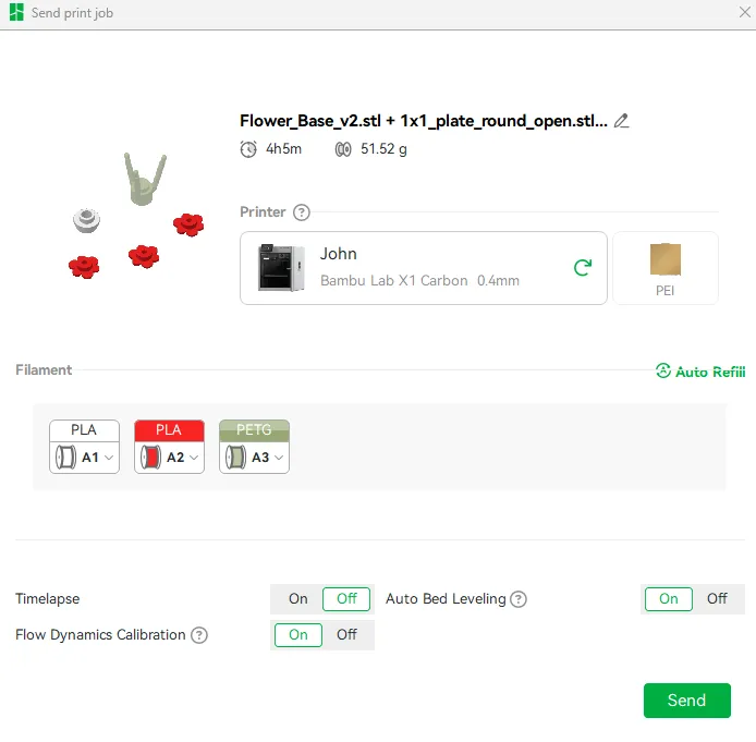 Bambu Studio's Send print job dialog showing a 4 hour 5 minute estimate, 51.52 grams of filament, the printer John with a PEI plate, three assigned filament slots, and a Send button