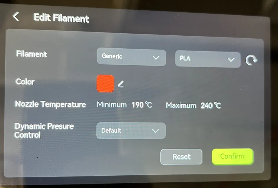 The Edit Filament screen with Generic and PLA dropdowns, a red color swatch, nozzle temperature range and a Confirm button