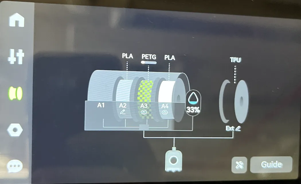 Printer touchscreen showing the AMS with four slots loaded: PLA, PETG and PLA, one slot marked with a pencil icon and the others with eye icons