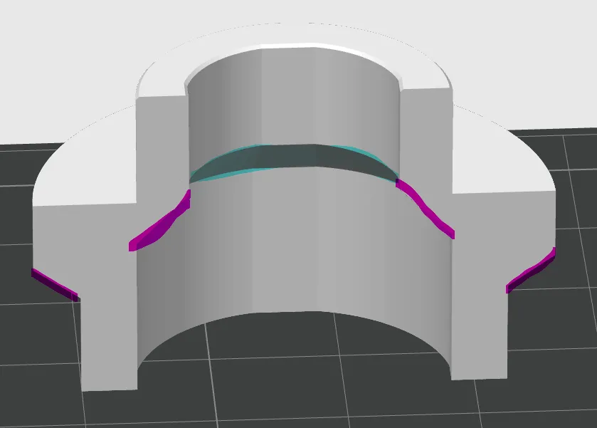 Cross-section of a printed cylindrical base in Bambu Studio, with overhanging faces highlighted in magenta and cyan