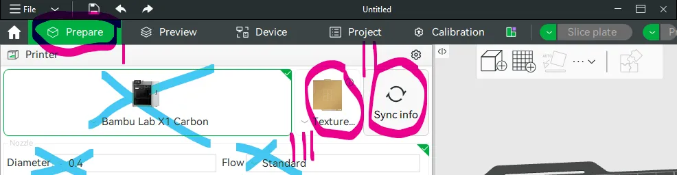 Bambu Studio's Prepare tab with the Sync info button and plate type highlighted, and the printer, nozzle diameter and flow fields crossed out as not to be changed