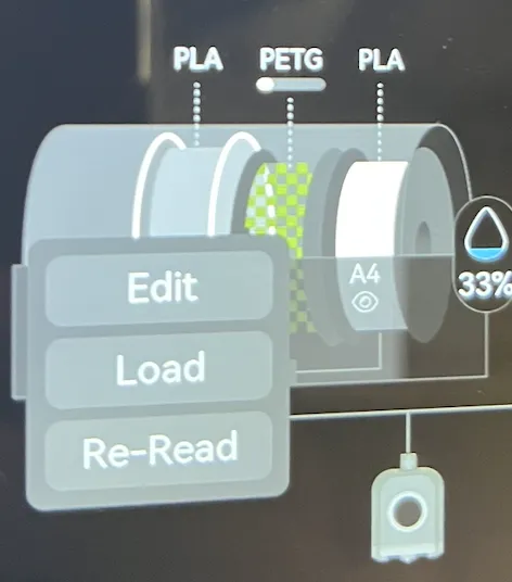 Touchscreen slot menu with Edit, Load and Re-Read options