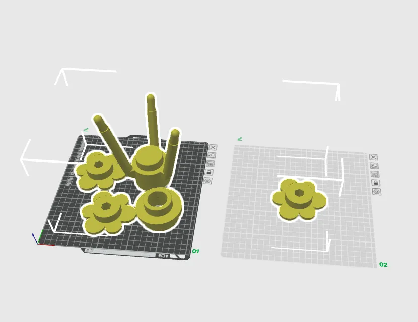 Bambu Studio with five cloned flower parts selected on the build plate