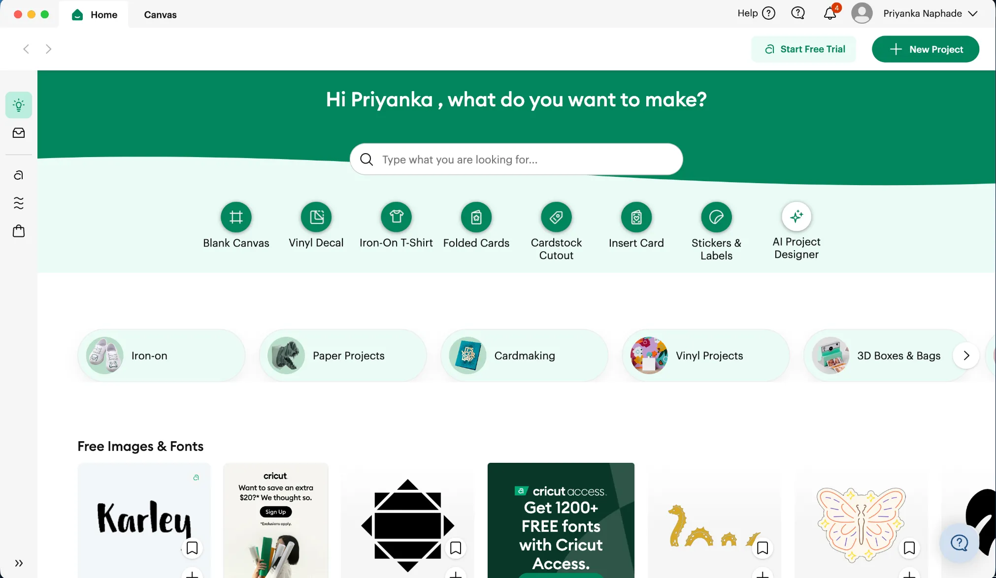 Design Space home screen showing project types including Cardstock Cutout