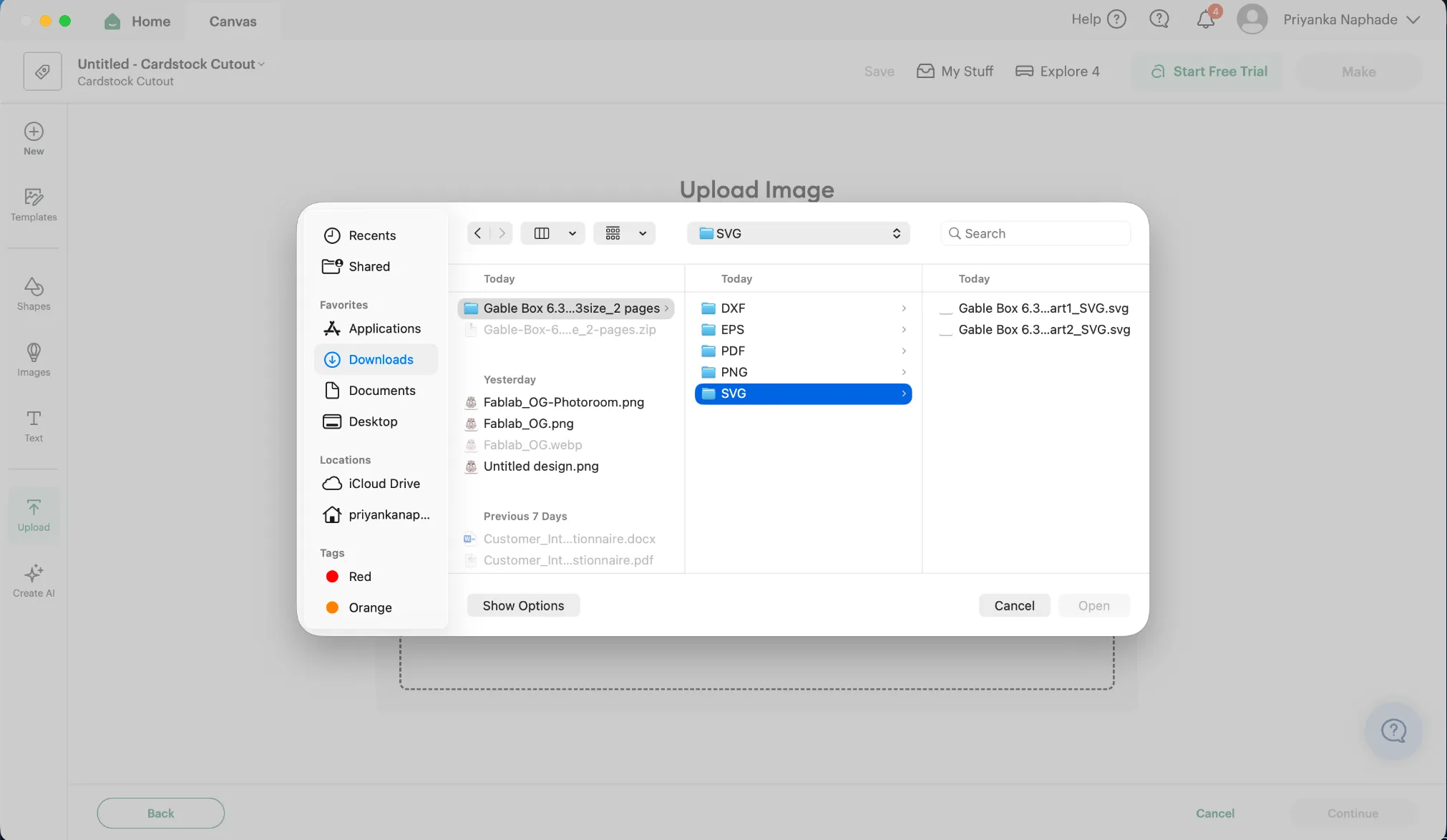 A file picker open on the template's SVG folder, showing the part 1 and part 2 files
