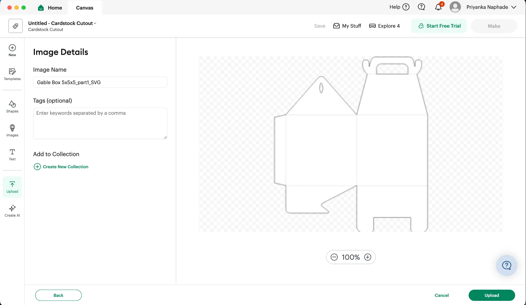 The Image Details screen naming the file Gable Box part 1, with an Upload button