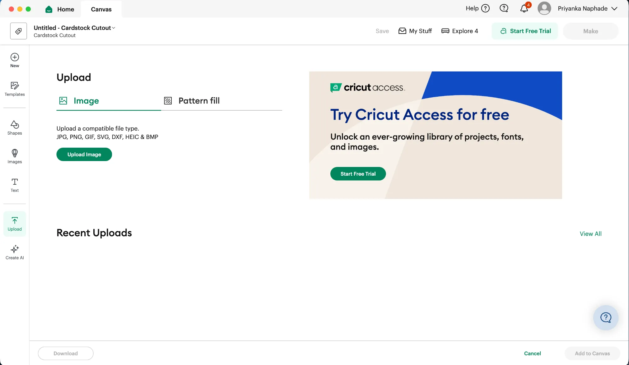 The Upload panel with the Upload Image button under the Image tab
