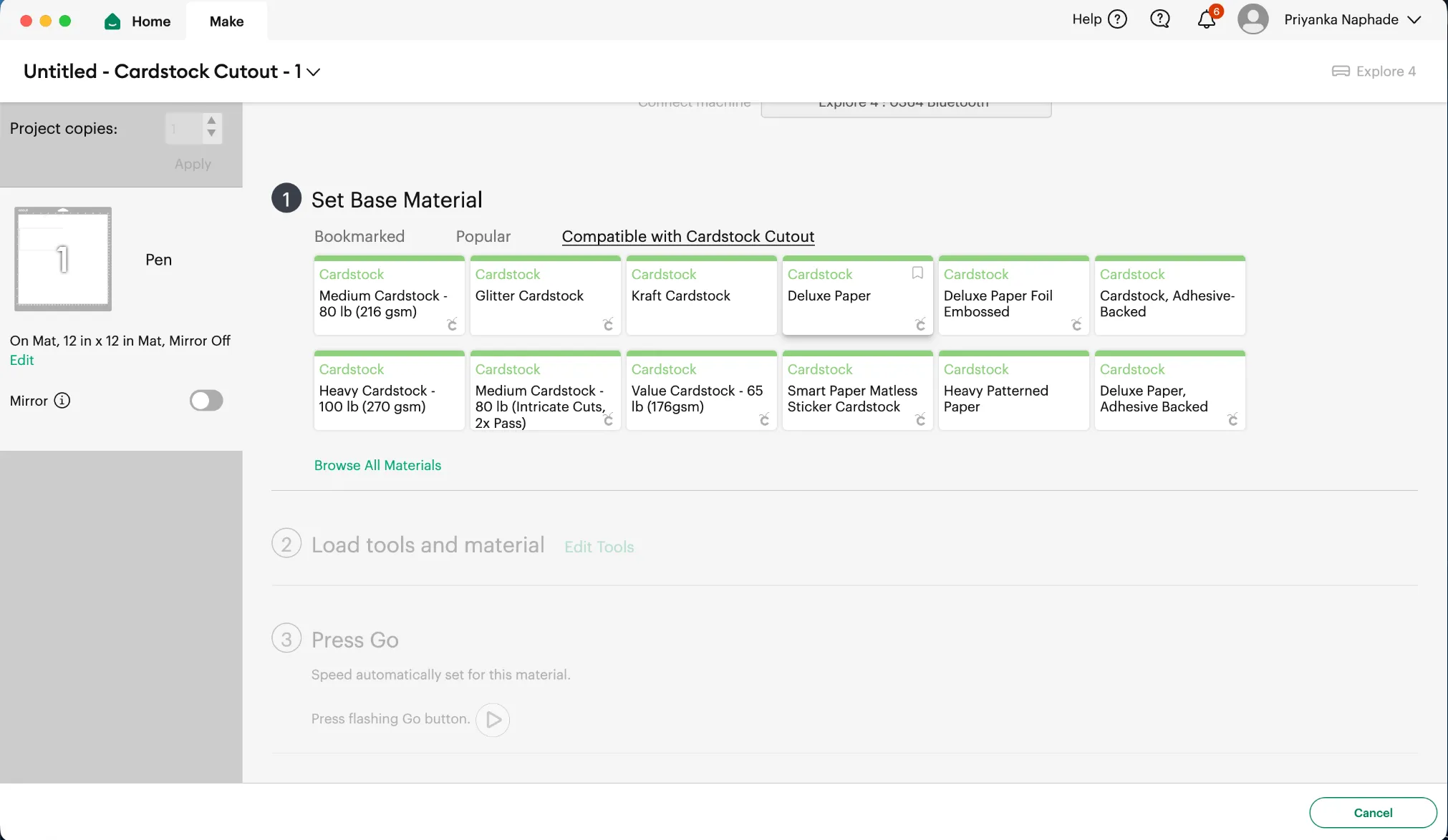 The Set Base Material step showing the cardstock options