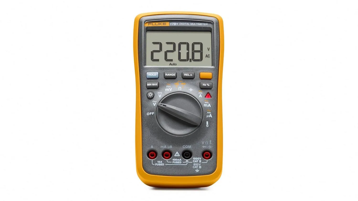 Fluke 17B+ digital multimeter, showing the rotary dial, the buttons above it, and the four input terminals along the bottom