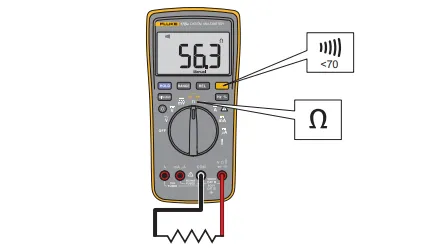 Fluke meter set to the ohms position measuring a resistor, with the continuity beeper symbol indicated