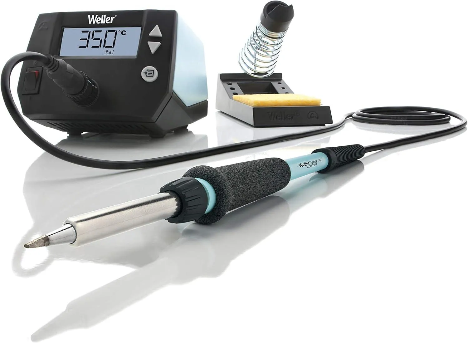Weller WE1010NA soldering station with its display and temperature buttons, the iron stand with sponge, and the pencil iron