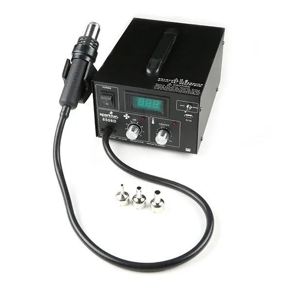 SparkFun 8508D hot air rework station with its handle, air and heater knobs, and a set of nozzles