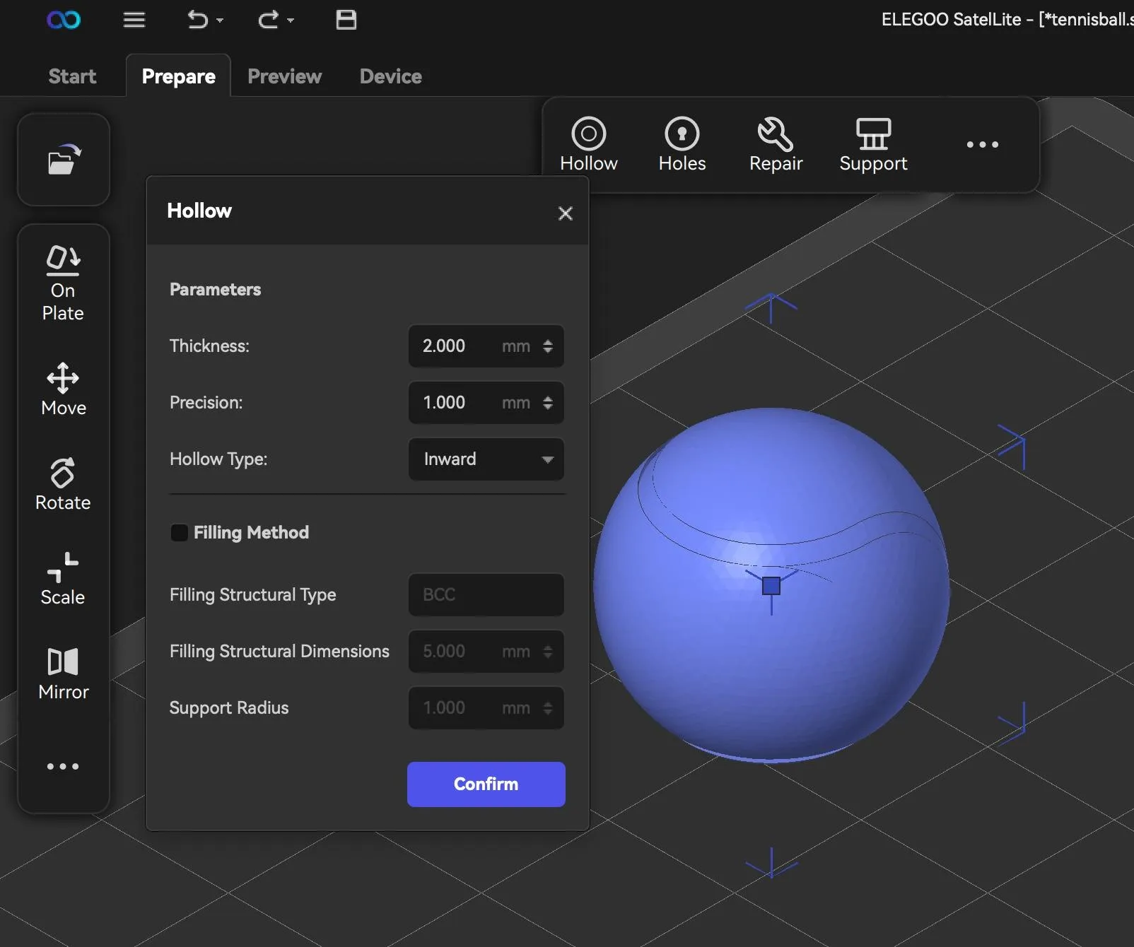 The Hollow dialog in SatelLite showing a thickness of 2 mm, precision of 1 mm, hollow type set to Inward, and a Confirm button, with a sphere on the build plate behind it