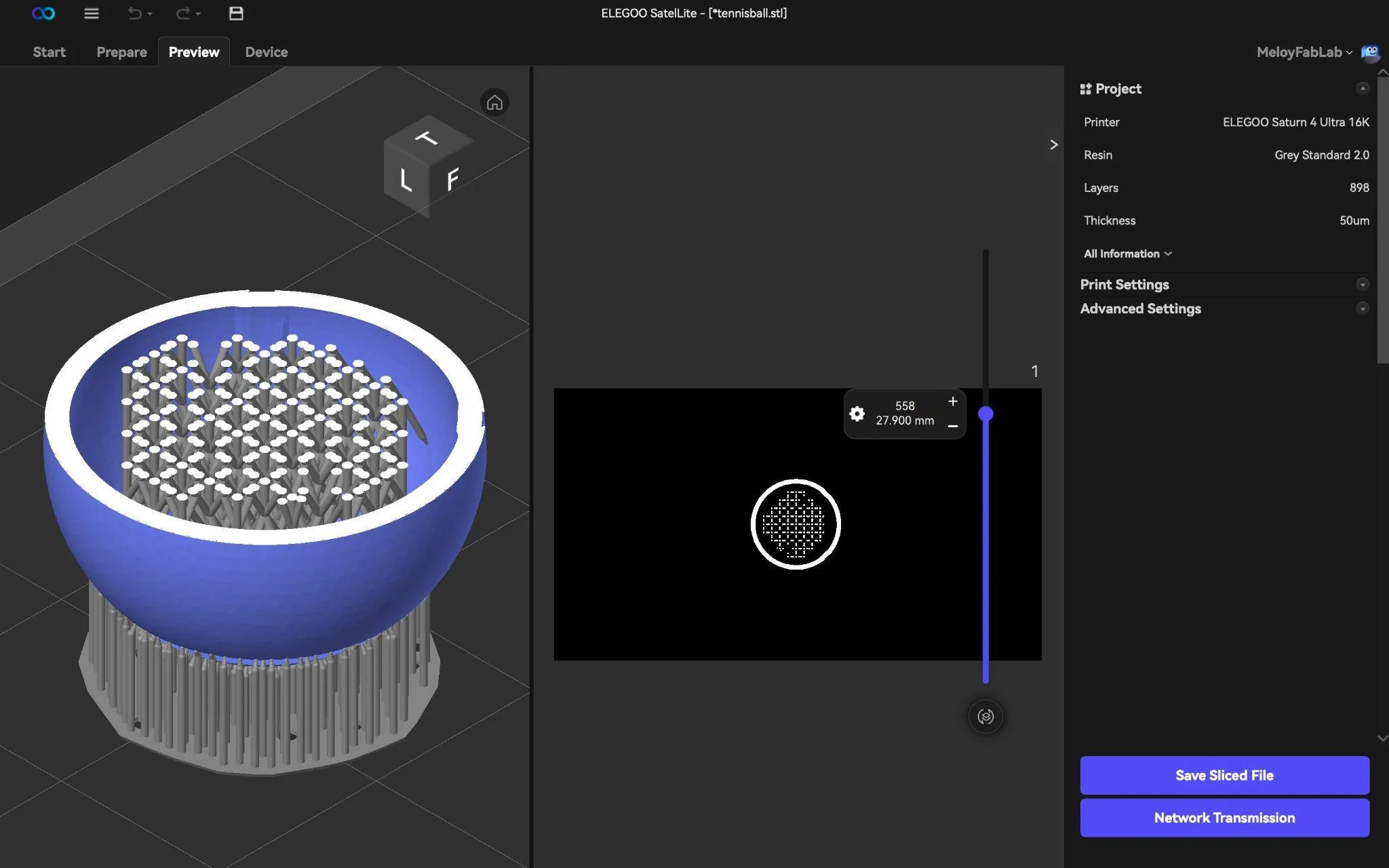 The SatelLite Preview tab showing a hollowed sphere with internal supports, the layer slider, a 50 micrometre layer thickness and 898 layers, and the Save Sliced File and Network Transmission buttons