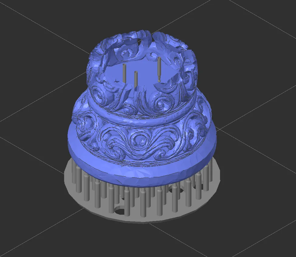 A hollowed chess pawn in the slicer seen from below, with thin support pillars standing inside the shell and a dense raft of supports under the base
