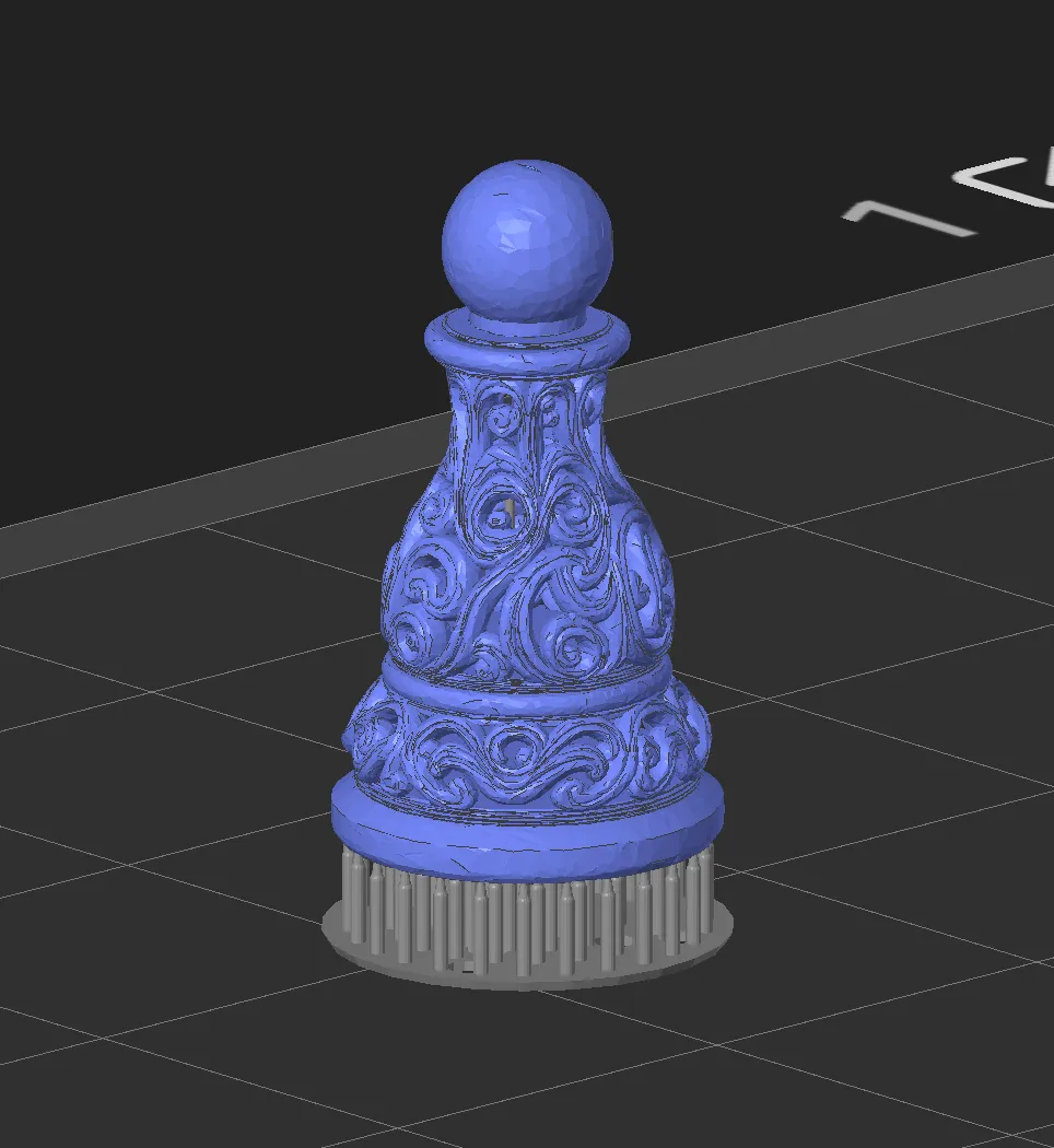 A chess pawn model on the build plate with a dense forest of automatically generated supports under its base