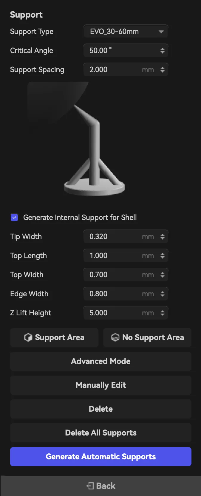 The SatelLite Support panel with support type EVO_30-60mm, critical angle 50 degrees, support spacing 2 mm, the Generate Internal Support for Shell checkbox ticked, and the Generate Automatic Supports button