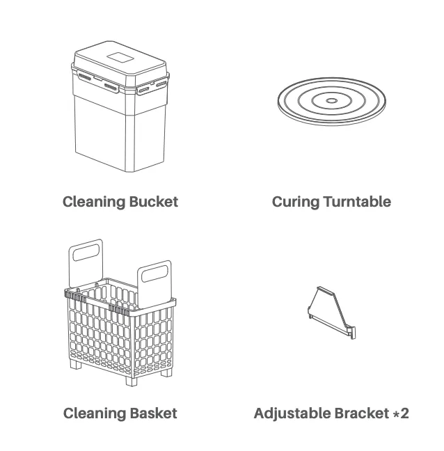 Line drawing of the four Mercury accessories: cleaning bucket, curing turntable, cleaning basket, and two adjustable brackets