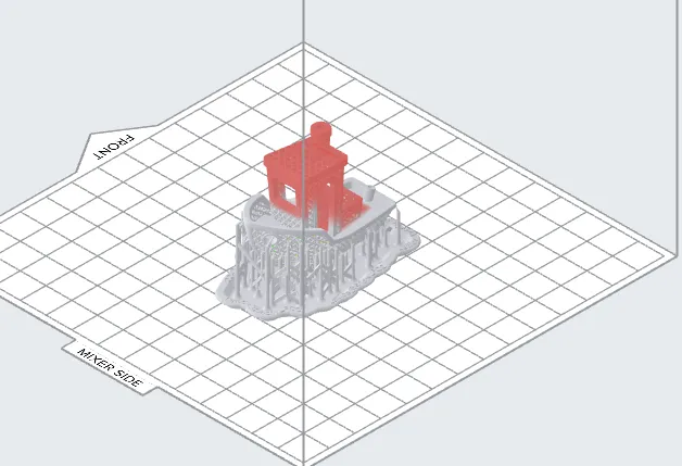 The scaled lattice Benchy on the PreForm build plate with a full raft and support pillars underneath, tilted off vertical