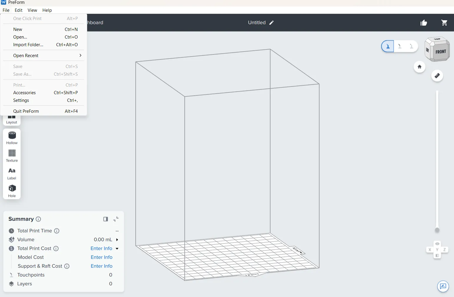 The PreForm window with the File menu open, showing New, Open, Import Folder, Print, Accessories and Settings, alongside an empty build volume