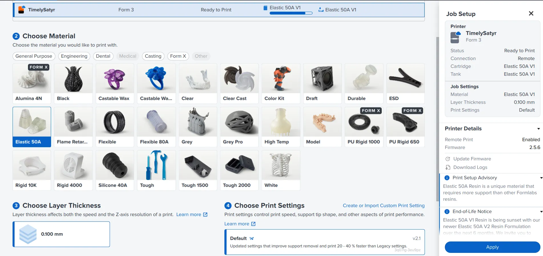 PreForm's Job Setup with TimelySatyr selected, a grid of Formlabs materials with Elastic 50A highlighted, a 0.100 mm layer thickness and Default print settings