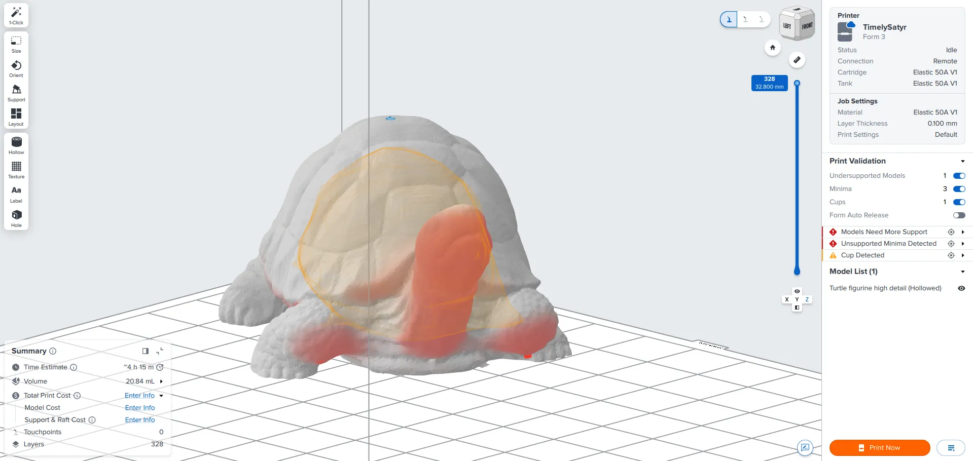 PreForm showing a hollowed turtle model with Print Validation reporting one undersupported model, three minima and one cup, flagged in red and amber