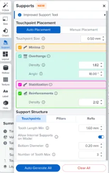 PreForm's Supports panel with Auto Placement selected, touchpoint size 0.50 mm, Minima, Overhangs, Stabilization and Reinforcements all ticked, and the Auto-Generate All button at the bottom