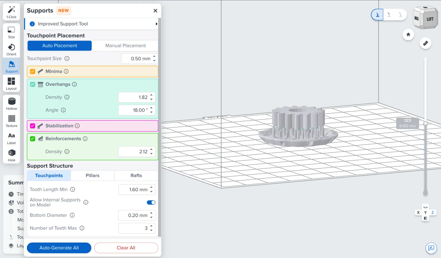 A gear model on the PreForm build plate with auto-generated supports and a full raft underneath, with the Supports panel open alongside