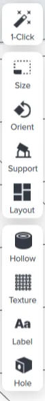 The PreForm left toolbar with One-Click, Size, Orient, Support, Layout, Hollow, Texture, Label and Hole tools