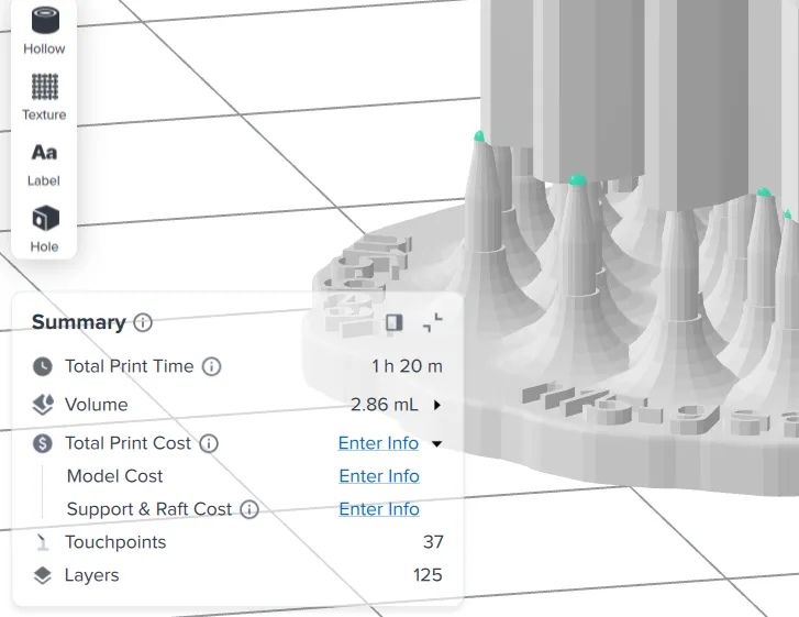 PreForm's Summary panel reporting a total print time of 1 hour 20 minutes, 2.86 mL of volume, 37 touchpoints and 125 layers, beside a supported model