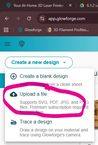 The Glowforge Create a new design menu open, with the Upload a file option circled