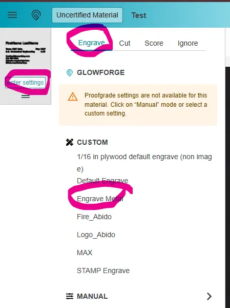 The Glowforge settings panel with the Engrave tab and the Engrave Metal custom preset both circled