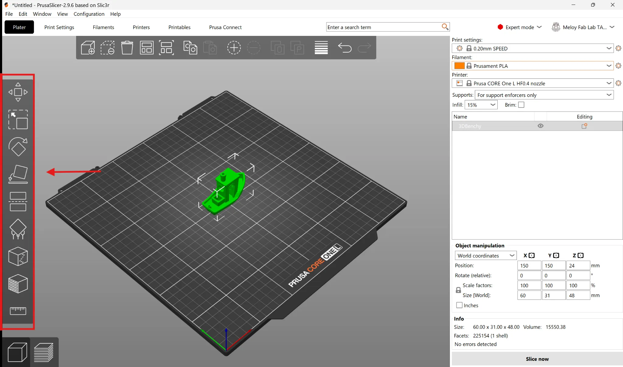 PrusaSlicer left toolbar with the manipulation tools highlighted and a model sitting on the build plate