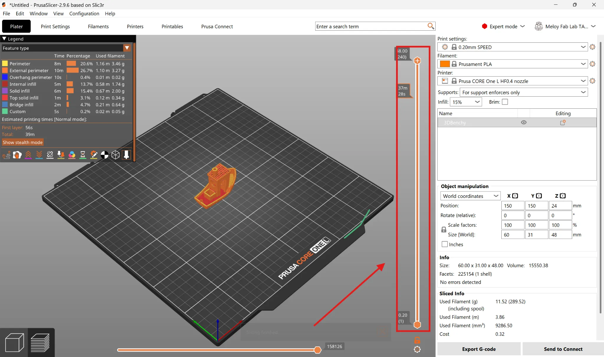 PrusaSlicer layer preview with the vertical layer slider highlighted on the right