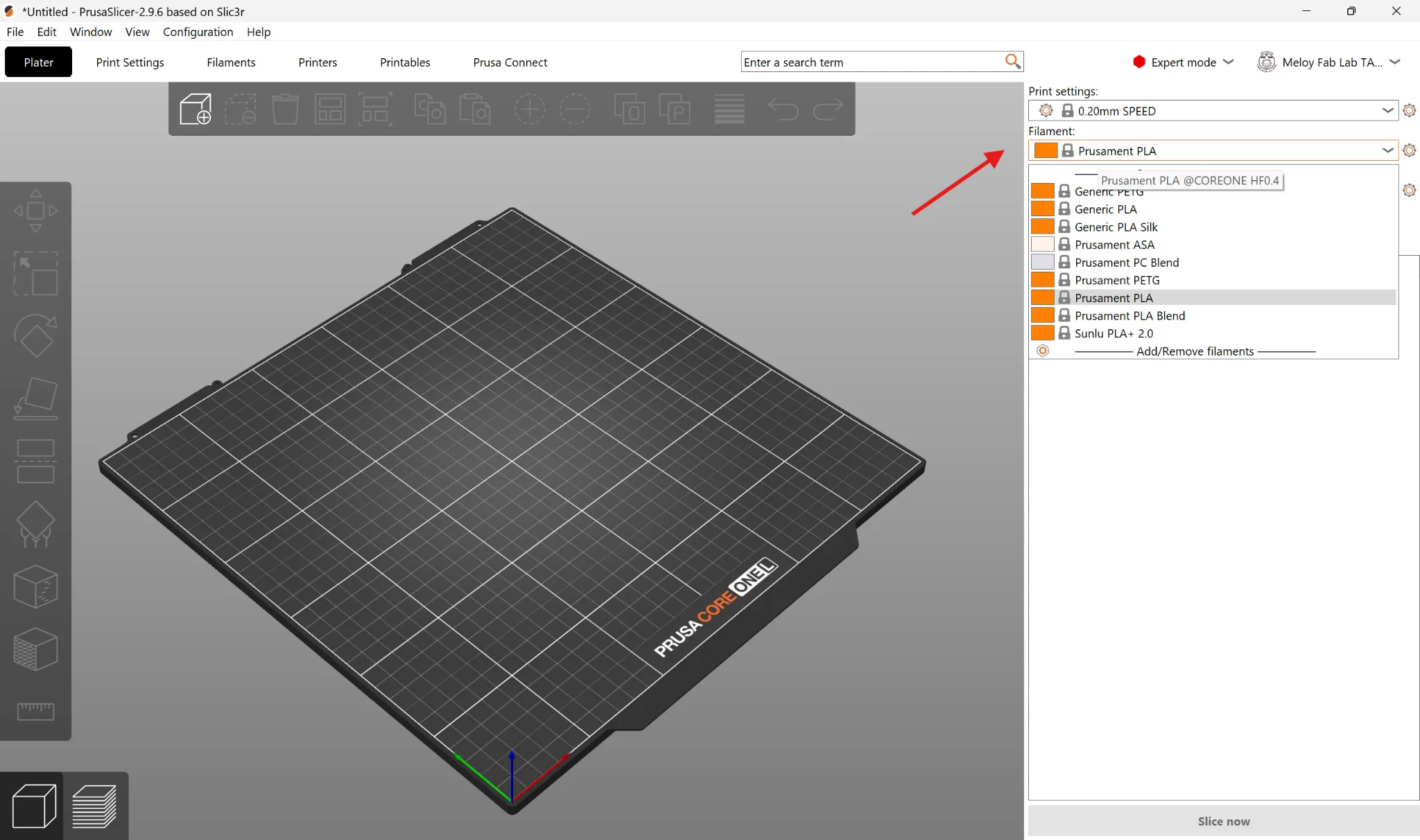 PrusaSlicer filament dropdown showing the available filament presets