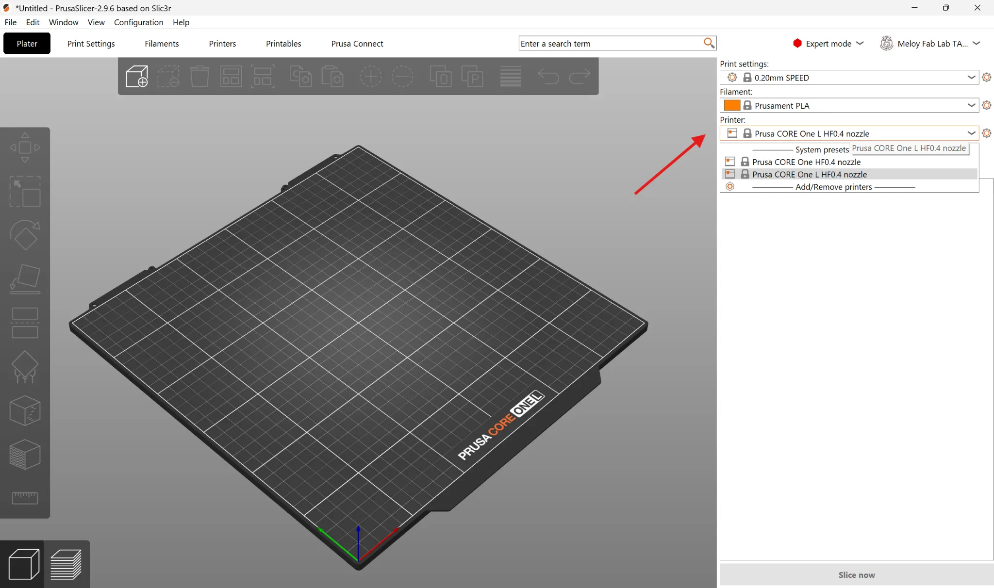 PrusaSlicer printer profile dropdown with the Prusa CORE One and Prusa CORE One L profiles listed