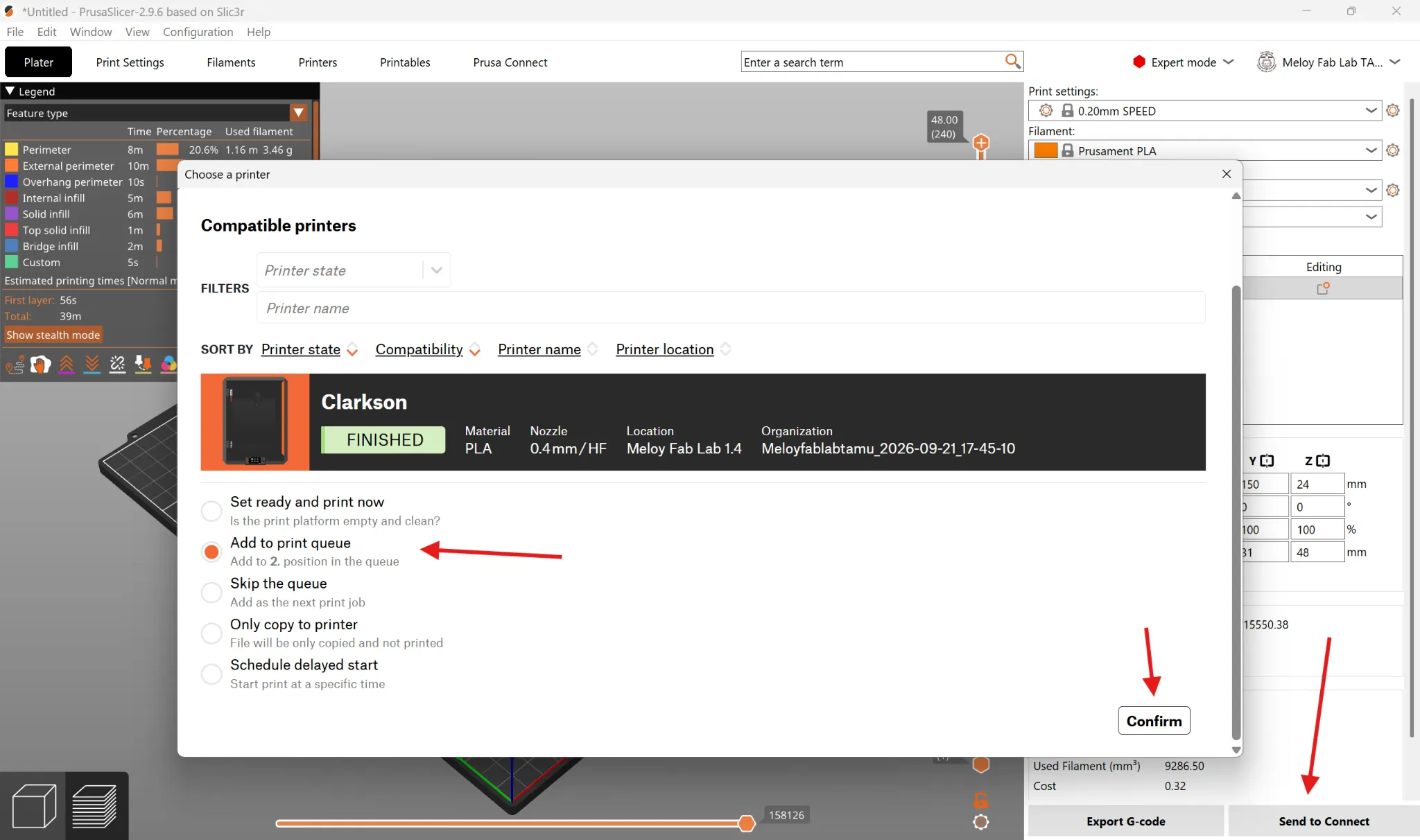 The Send to Connect window listing Clarkson with Add to print queue selected and the Confirm button highlighted